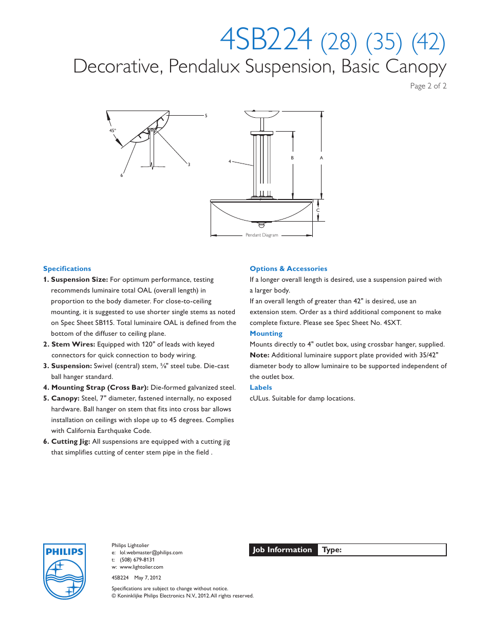 4sb224, Decorative, pendalux suspension, basic canopy | Lightolier Architectural Decorative 4SB224 User Manual | Page 2 / 2
