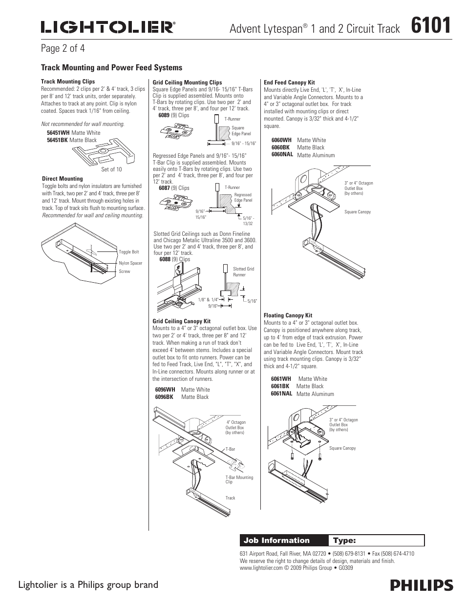 Advent lytespan, 1 and 2 circuit track, Page 2 of 4 | Lightolier is a philips group brand, Track mounting and power feed systems | Lightolier Advent Lytespan 1 and 2 Circuit Track 6101 User Manual | Page 2 / 4