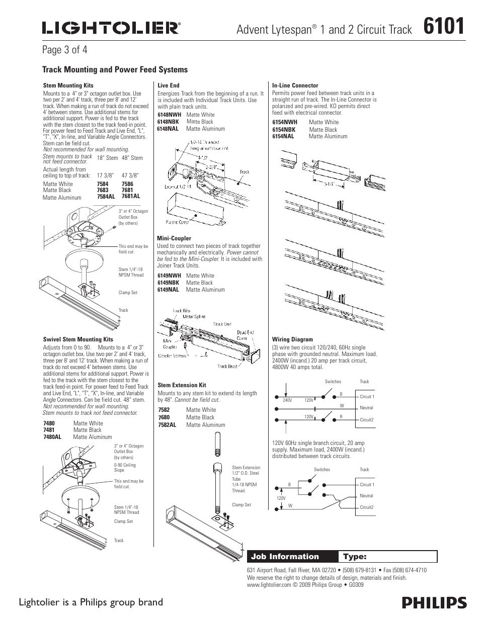 Advent lytespan, 1 and 2 circuit track, Page 3 of 4 | Lightolier is a philips group brand, Track mounting and power feed systems | Lightolier Advent Lytespan 1 and 2 Circuit Track 6101 User Manual | Page 3 / 4