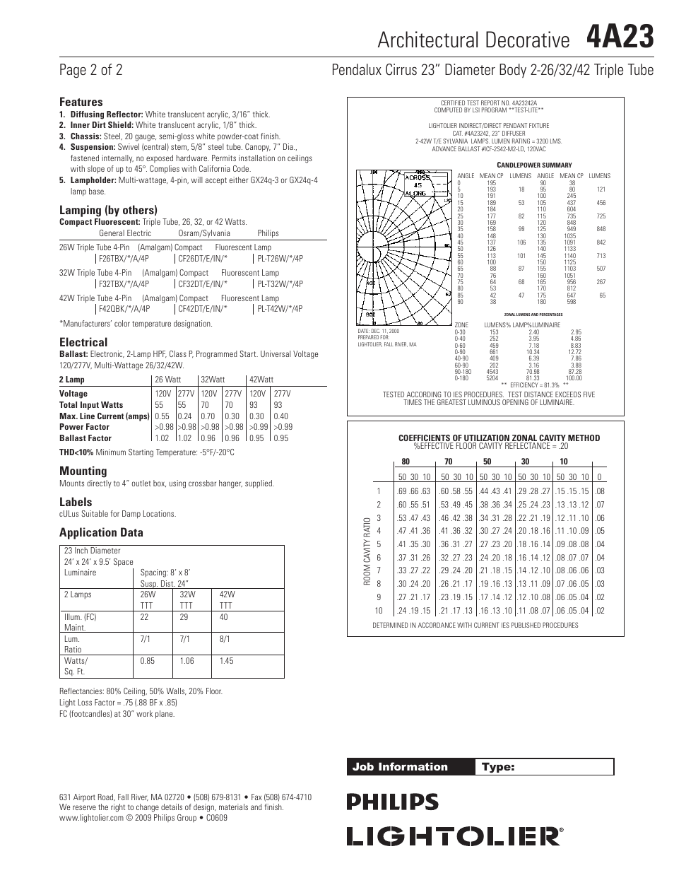 4a23, Architectural decorative, Features | Lamping (by others), Electrical, Mounting, Labels, Application data, Job information type | Lightolier Architectural Decorative 4A23 User Manual | Page 2 / 2