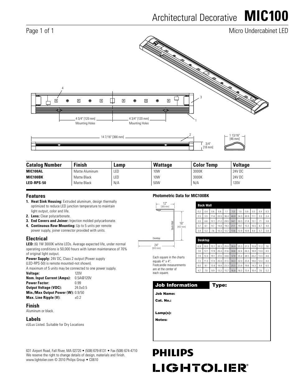 Lightolier Architectural Decorative MIC100 User Manual | 1 page