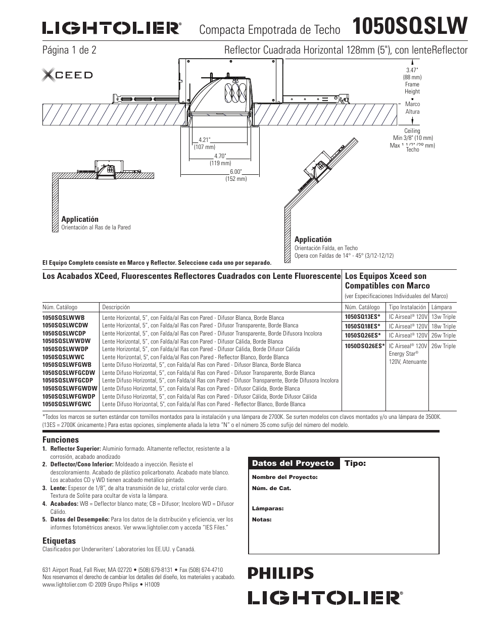 1050sqslw, Compacta empotrada de techo, Funciones | Etiquetas | Lightolier 1050SQSLW User Manual | Page 3 / 4