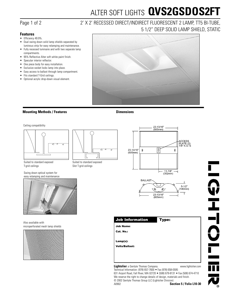 Lightolier Alter QVS2GSDOS2FT User Manual | 2 pages