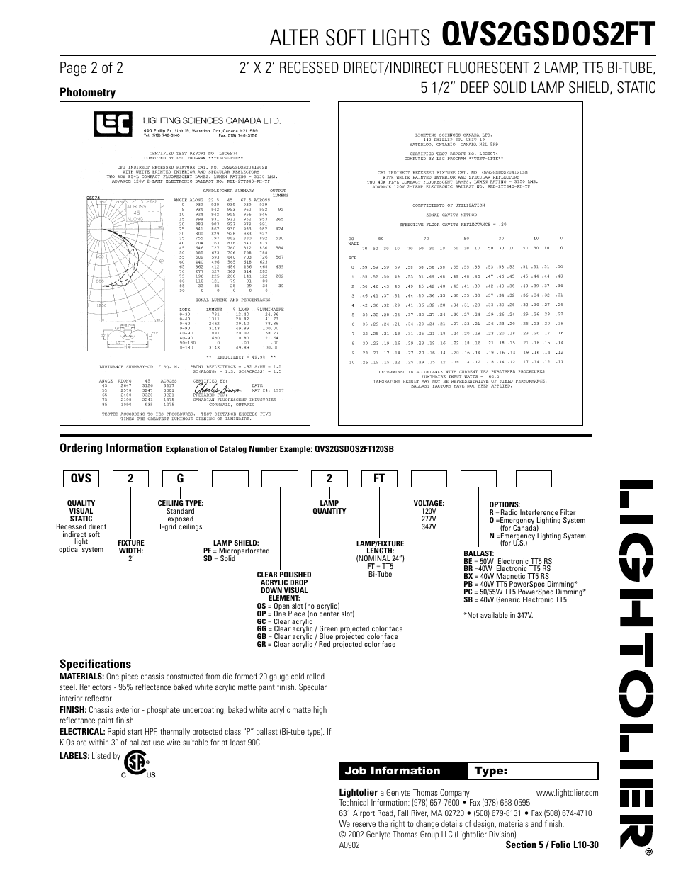 Qvs2gsdos2ft, Alter soft lights, Ordering information | Specifications, Photometry qvs 2 g 2 ft | Lightolier Alter QVS2GSDOS2FT User Manual | Page 2 / 2