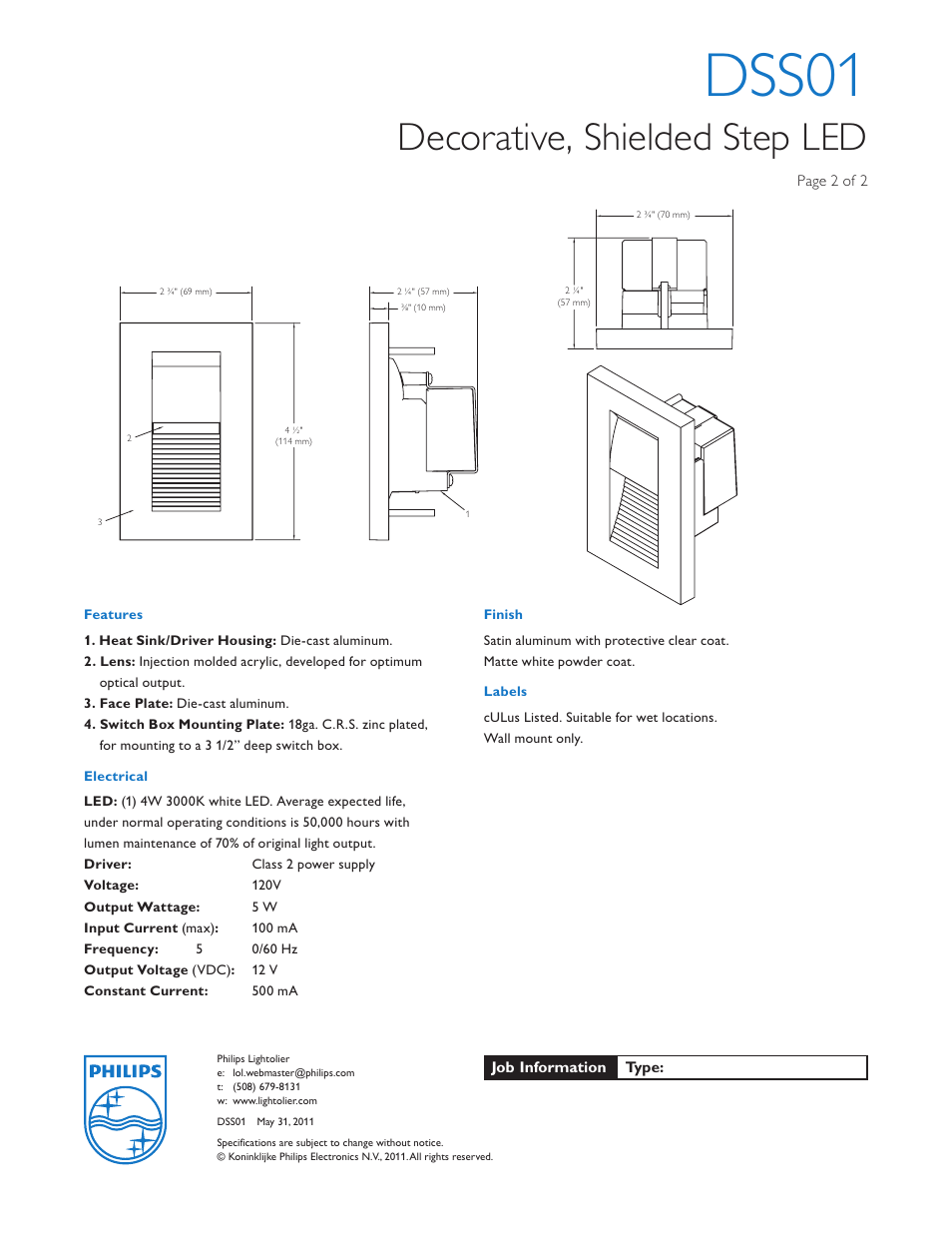 Dss01, Decorative, shielded step led | Lightolier Architectural Decorative DSS01 User Manual | Page 2 / 2