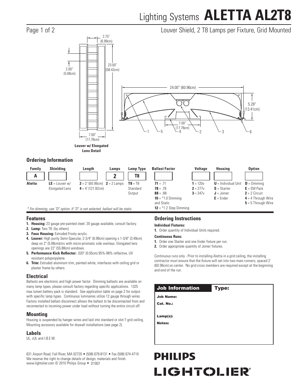 Lightolier ALETTA AL2T8 User Manual | 2 pages