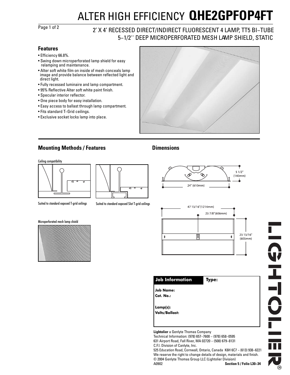 Lightolier Alter High Efficiency QHE2GPFOP4FT User Manual | 2 pages