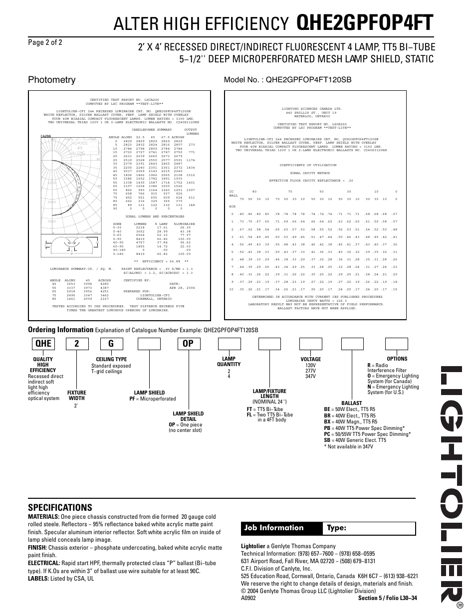 Qhe2gpfop4ft, Qva2gsdos2ft, Alter high efficiency | Specifications, Photometry, Qhe g 2 op | Lightolier Alter High Efficiency QHE2GPFOP4FT User Manual | Page 2 / 2