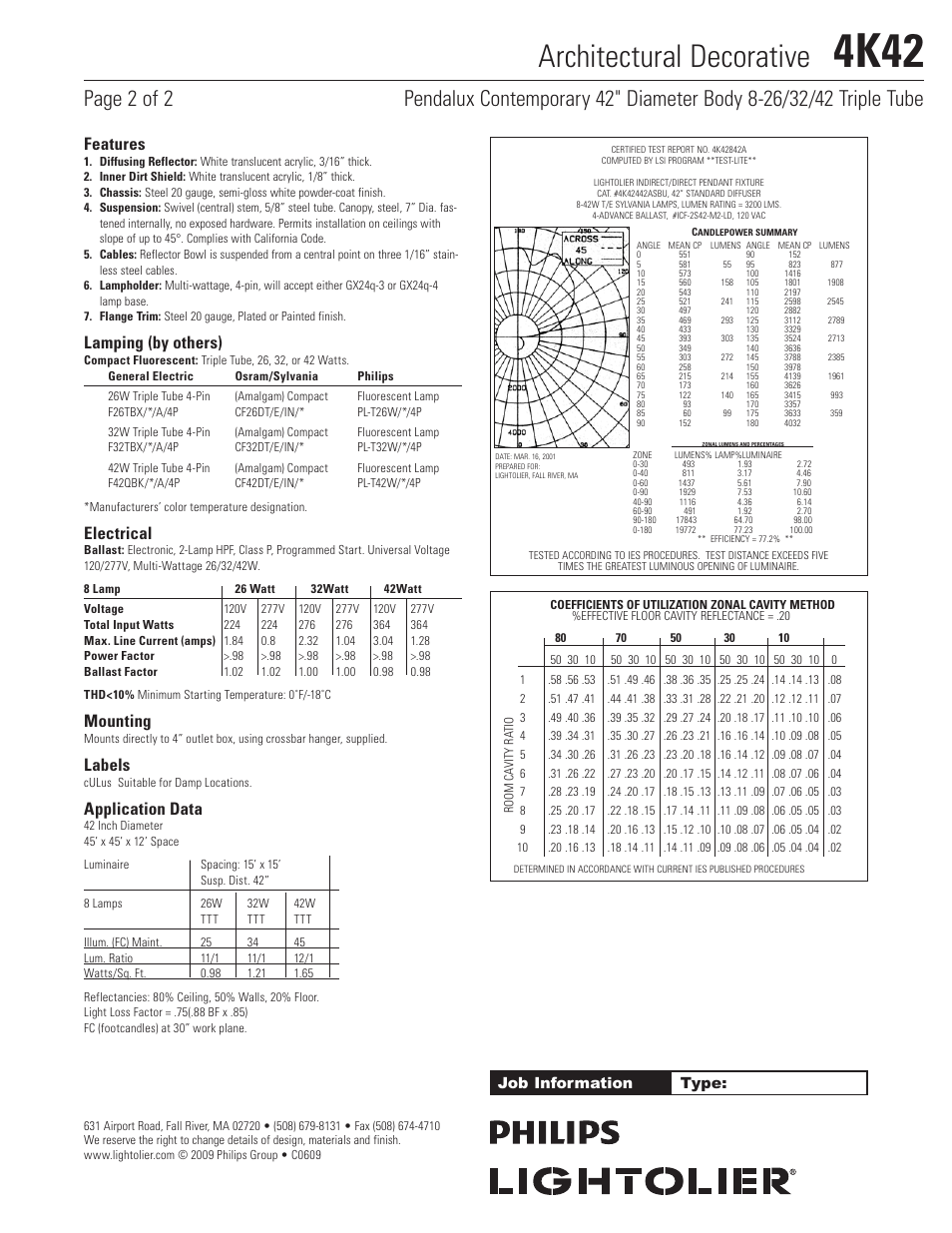 4k42, Architectural decorative, Features | Lamping (by others), Electrical, Mounting, Labels, Application data, Job information type | Lightolier Architectural Decorative 4K42 User Manual | Page 2 / 2