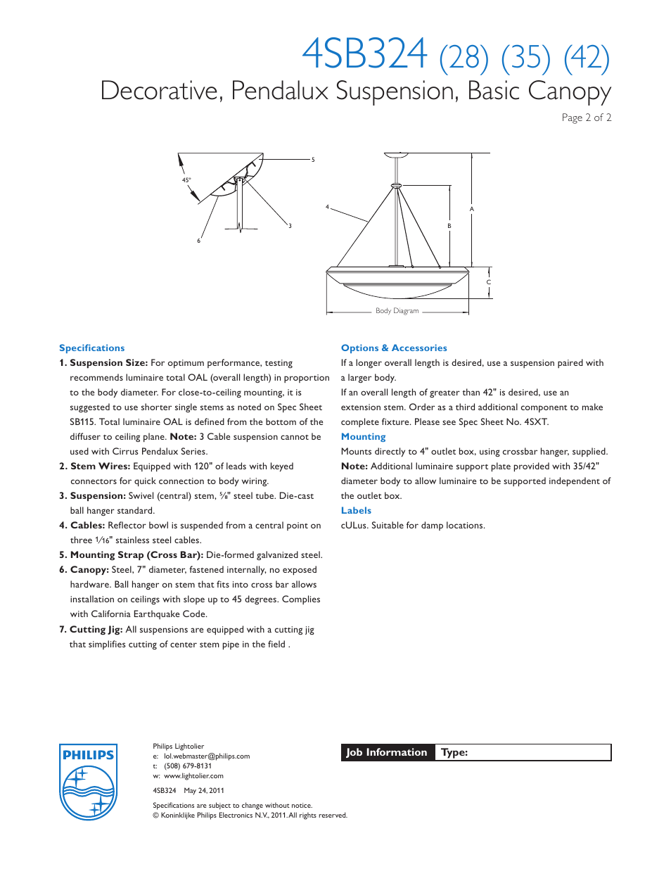 4sb324, Decorative, pendalux suspension, basic canopy | Lightolier Architectural Decorative 4SB324 User Manual | Page 2 / 2
