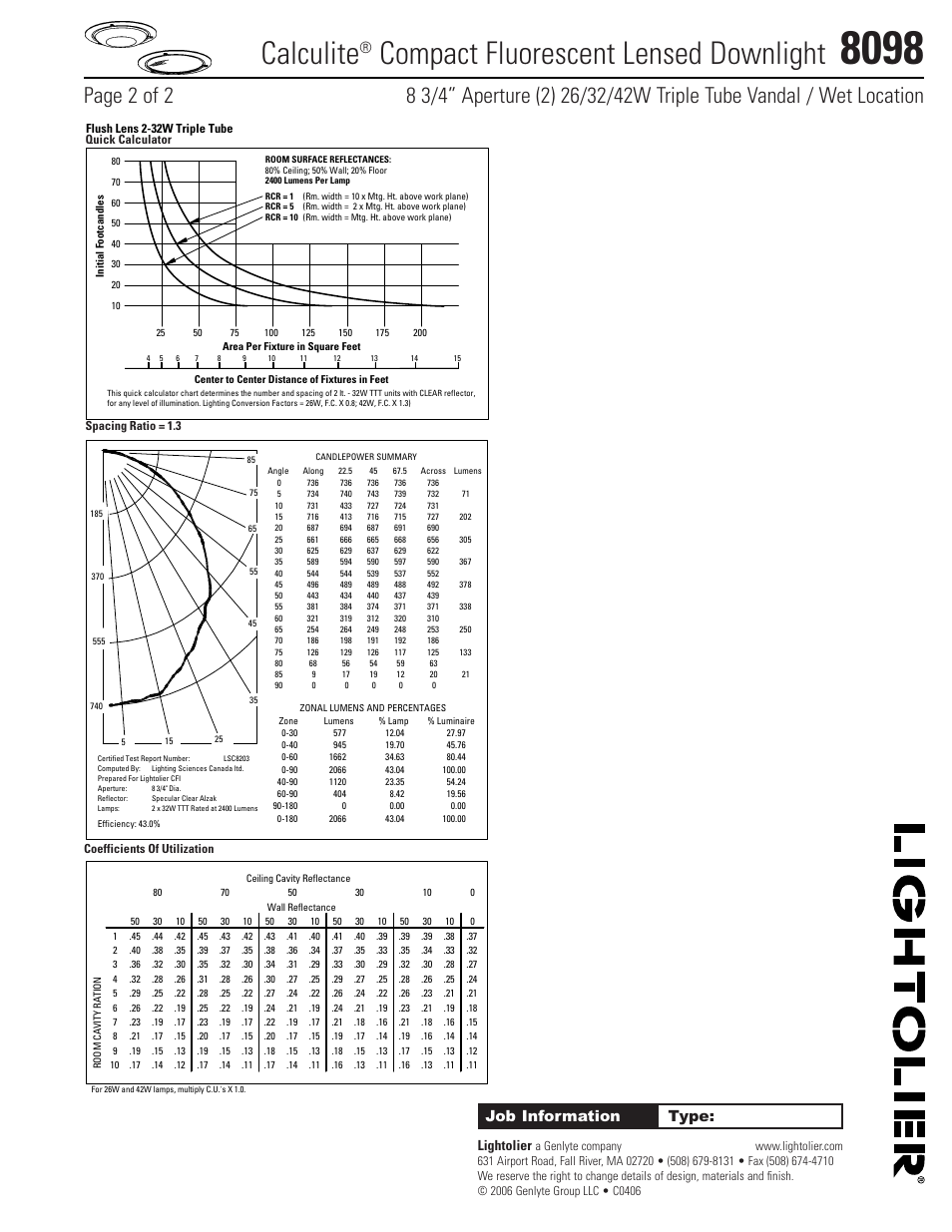 Calculite, Compact fluorescent lensed downlight, Job information type | Lightolier | Lightolier 8098 User Manual | Page 2 / 2