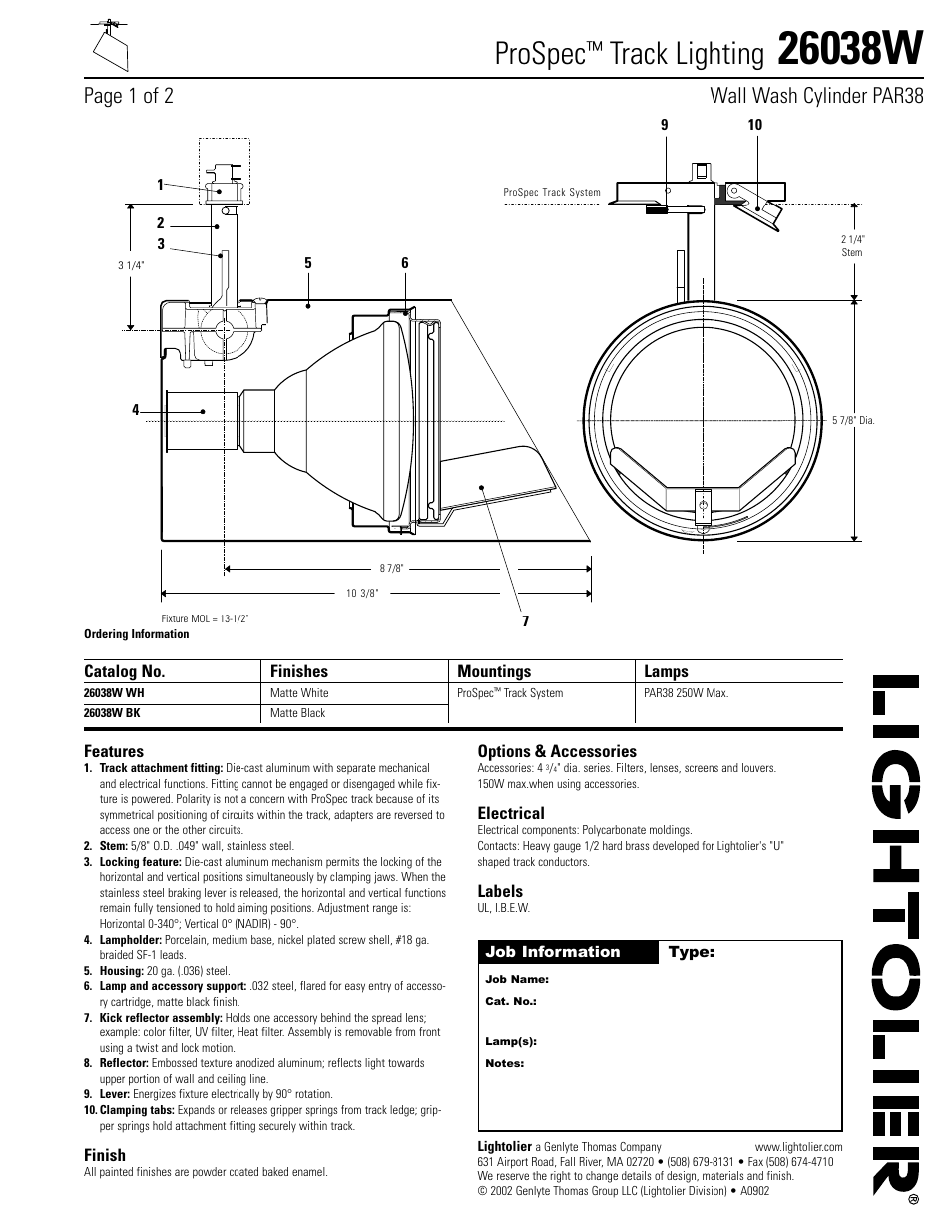 Lightolier ProSpec 26038W User Manual | 2 pages