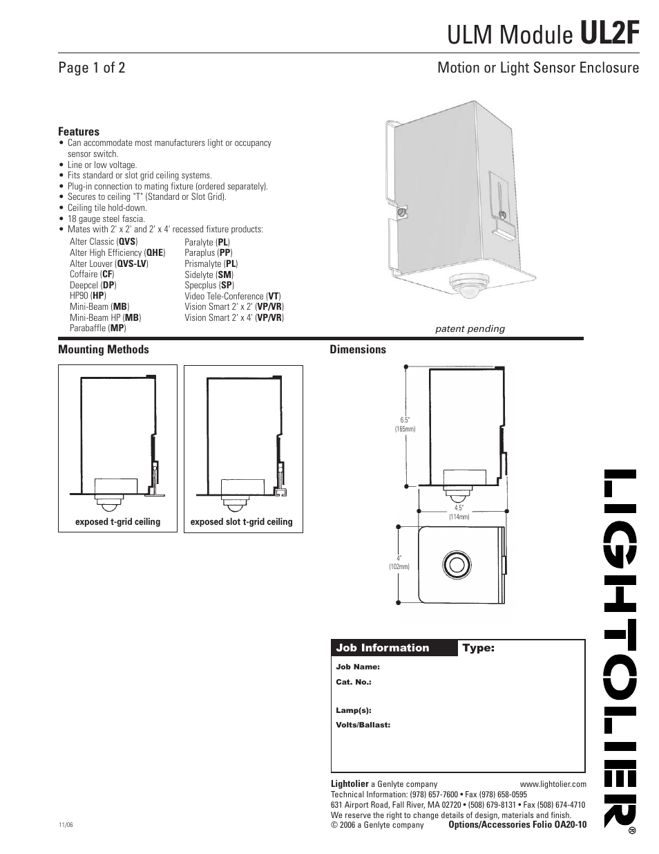 Lightolier Motion or Light Sensor Enclosure OA20-10 User Manual | 2 pages