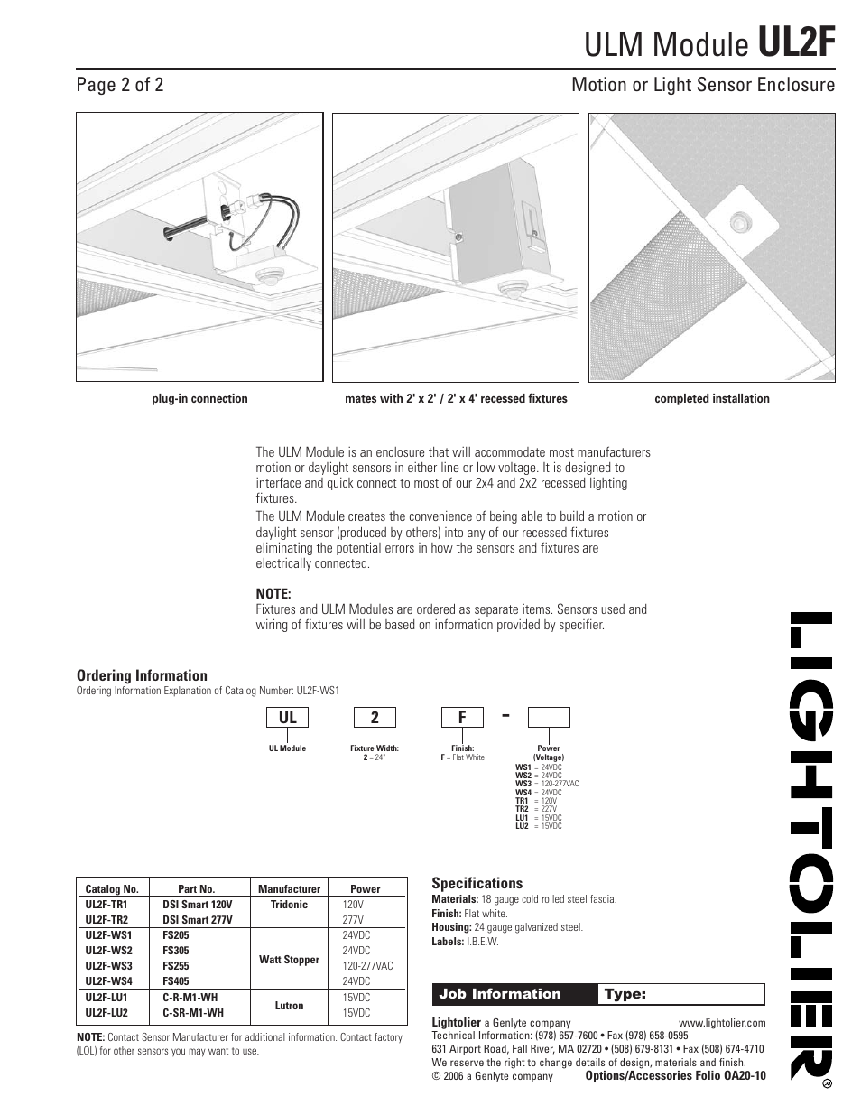 Ul2f, Ulm module, Page 2 of 2 motion or light sensor enclosure | Lightolier Motion or Light Sensor Enclosure OA20-10 User Manual | Page 2 / 2