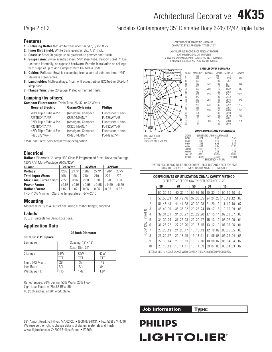 4k35, Architectural decorative, Features | Lamping (by others), Electrical, Mounting, Labels, Application data, Job information type | Lightolier Architectural Decorative 4K35 User Manual | Page 2 / 2