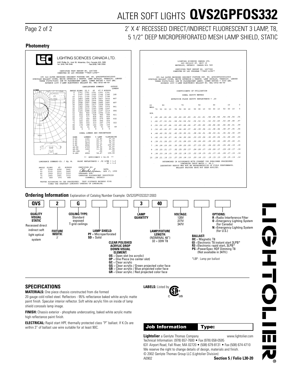 Qvs2gpfos332, Alter soft lights, Ordering information | Specifications, Photometry 2 g 3 40 | Lightolier Alter QVS2GPFOS332 User Manual | Page 2 / 2