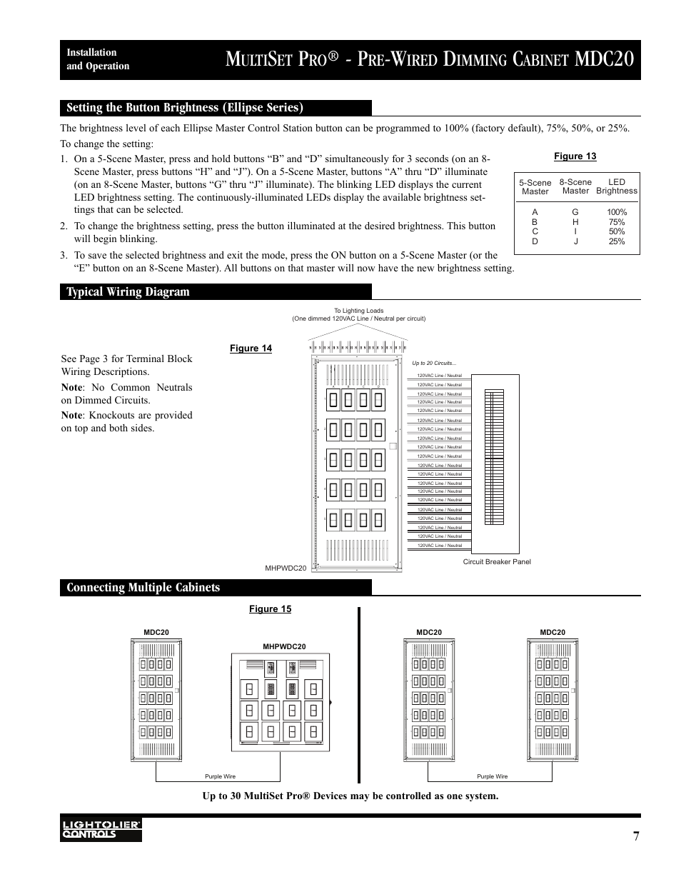 Mdc20, Ulti, Ired | Imming, Abinet, Setting the button brightness (ellipse series), 7connecting multiple cabinets, Typical wiring diagram, Installation and operation | Lightolier MULTISET PRO MDC20 User Manual | Page 7 / 8