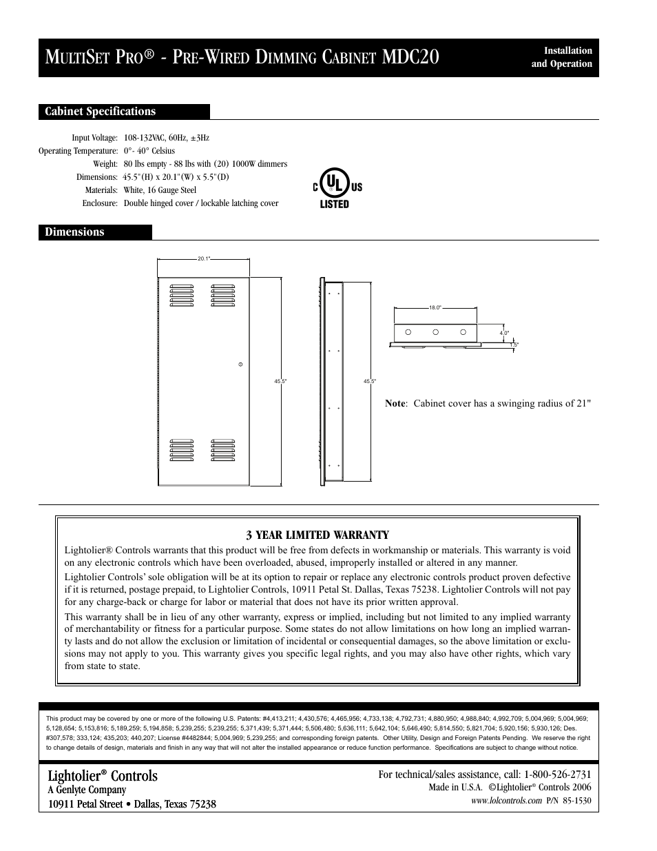 Mdc20, Ulti, Ired | Imming, Abinet, Lightolier, Controls | Lightolier MULTISET PRO MDC20 User Manual | Page 8 / 8
