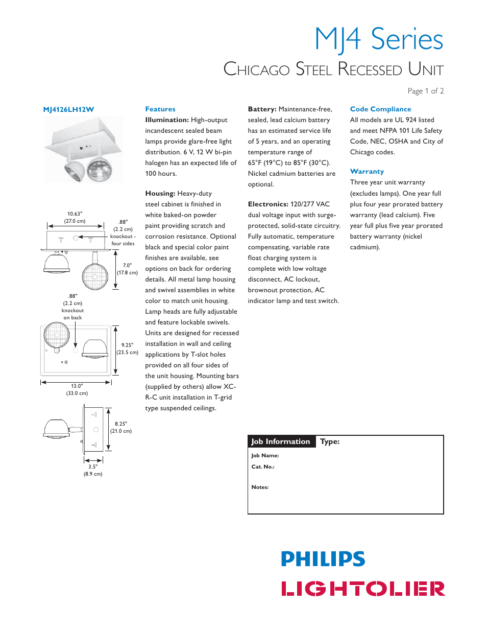 Lightolier Emergency Lighting MJ4 User Manual | 2 pages