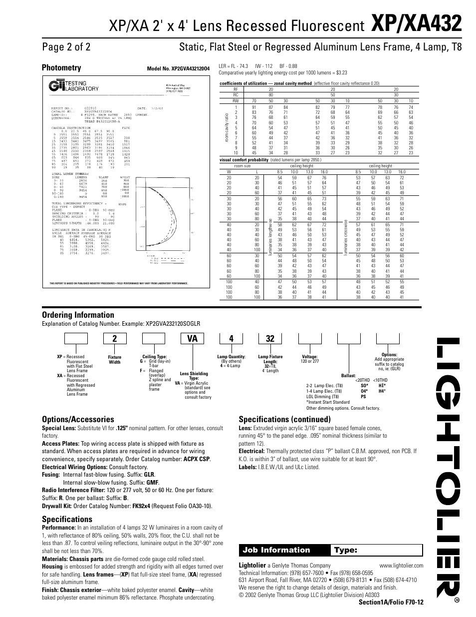 Xp/xa432, Xp/xa 2' x 4' lens recessed fluorescent, Ordering information | Options/accessories, Specifications, Specifications (continued), Photometry, Job information type, Lightolier | Lightolier XP432 User Manual | Page 2 / 2