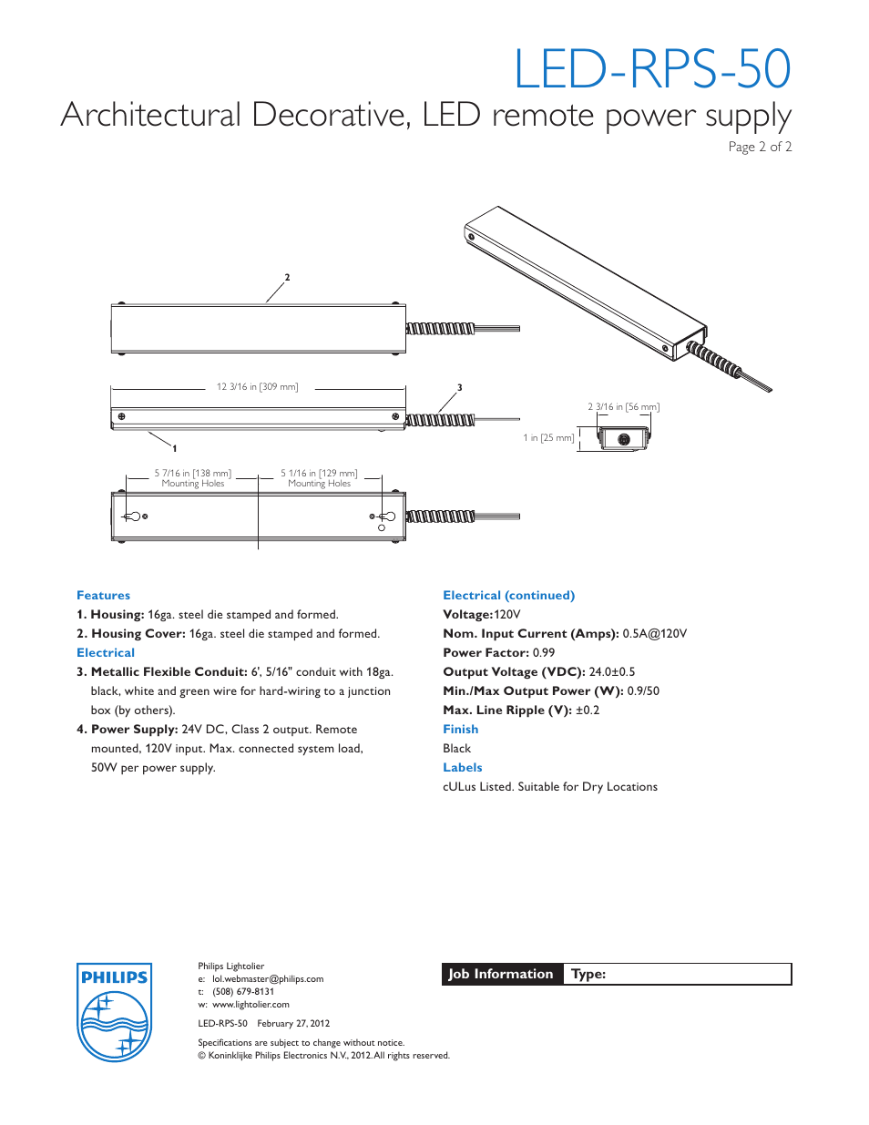 Led-rps-50, Architectural decorative, led remote power supply | Lightolier Architectural Decorative LED-RPS-50 User Manual | Page 2 / 2
