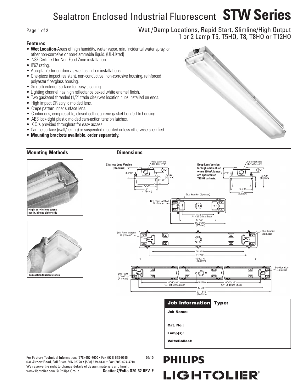 Lightolier Sealatron Enclosed Industrial Fluorescent STW-SERIES User Manual | 2 pages