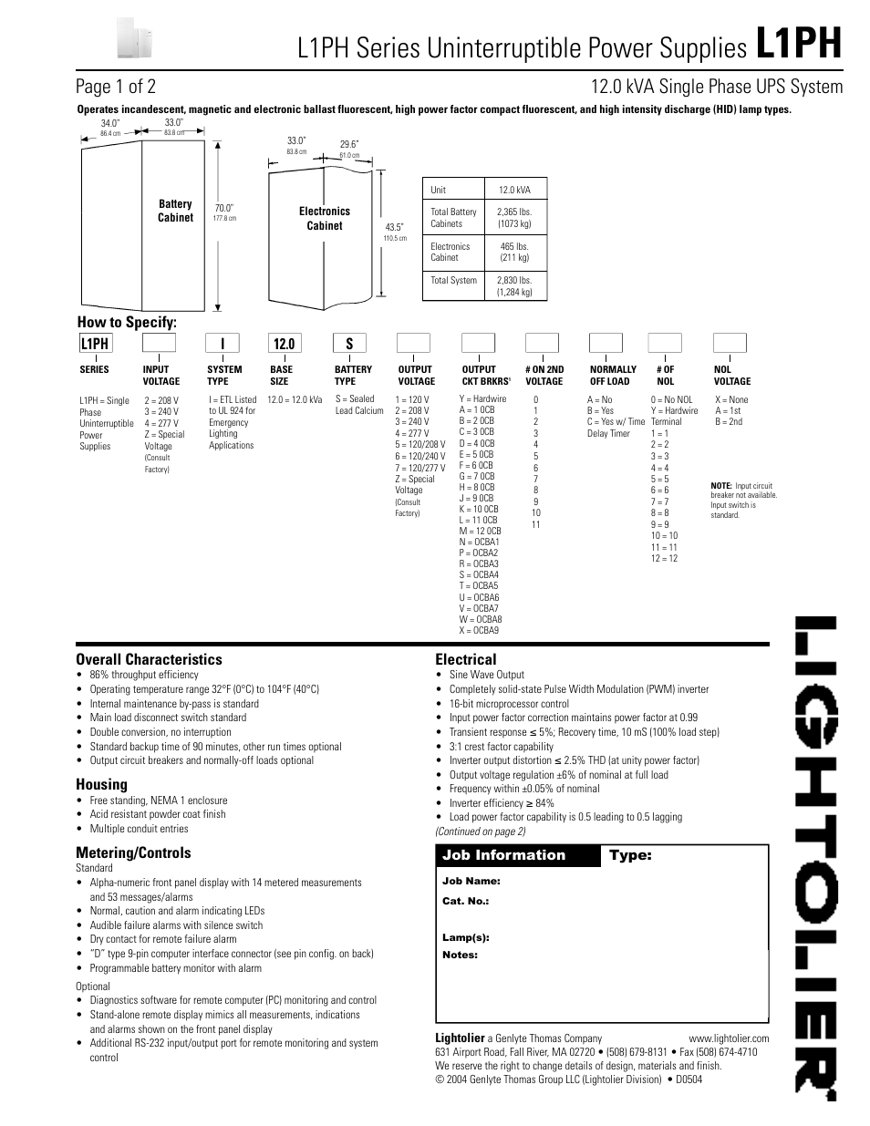 Lightolier L1PH Series User Manual | 2 pages