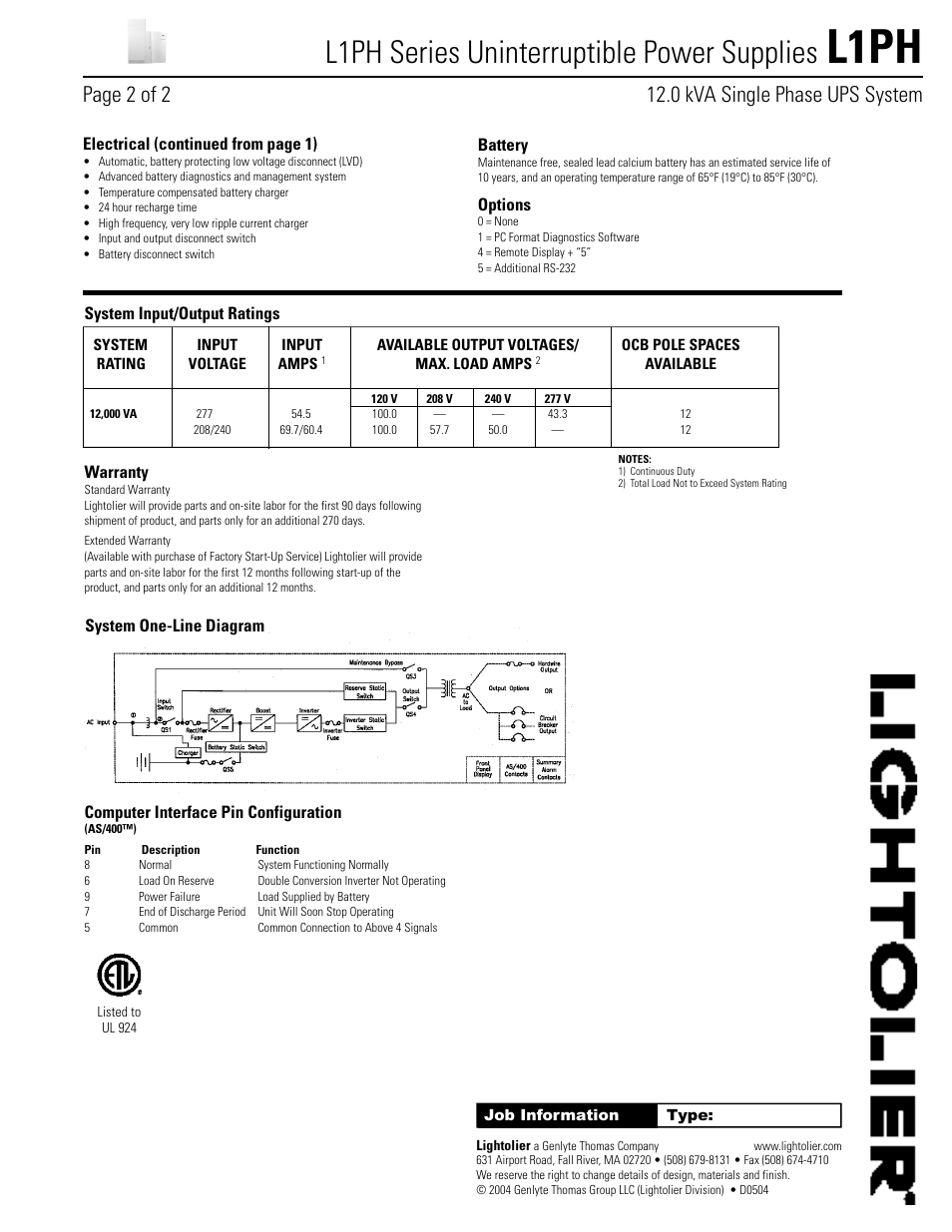 L1ph, L1ph series uninterruptible power supplies | Lightolier L1PH Series User Manual | Page 2 / 2