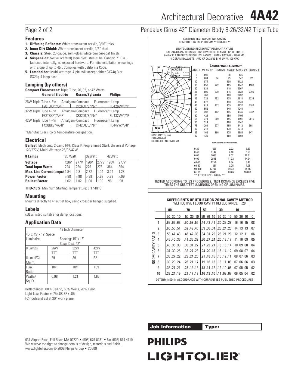 4a42, Architectural decorative, Features | Lamping (by others), Electrical, Mounting, Labels, Application data, Job information type | Lightolier Architectural Decorative 4A42 User Manual | Page 2 / 2