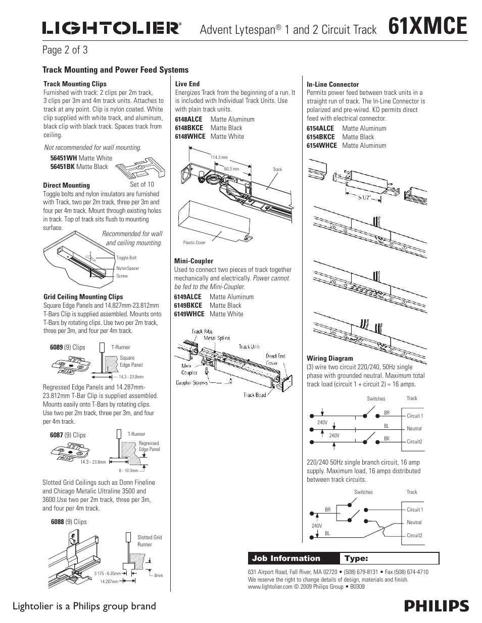 61xmce, Advent lytespan, 1 and 2 circuit track | Lightolier is a philips group brand, Page 2 of 3, Track mounting and power feed systems | Lightolier Advent Lytespan 1 and 2 Circuit Track 61XMCE User Manual | Page 2 / 3