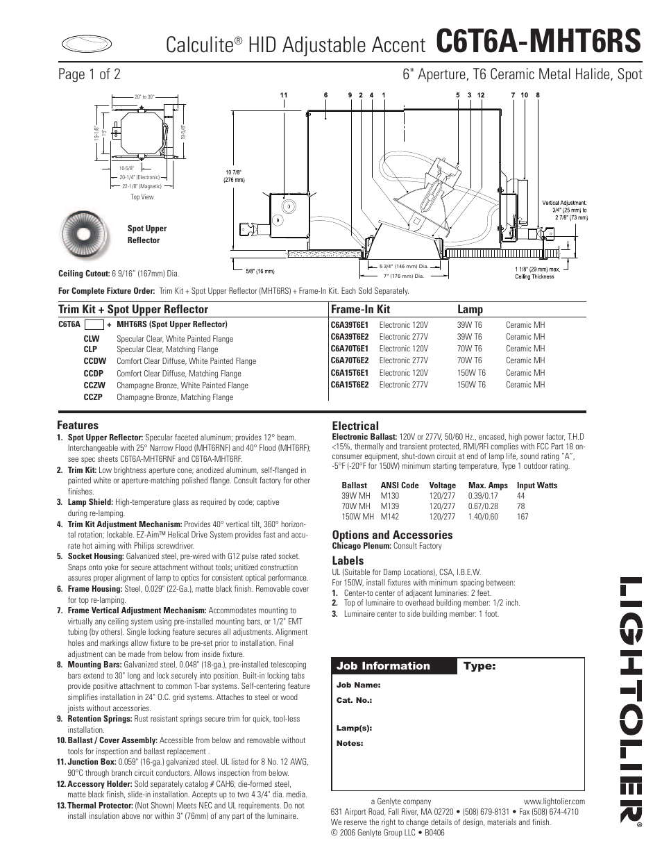 Lightolier Calculite HID Adjustable Accent C6T6A-MHT6RS User Manual | 2 pages