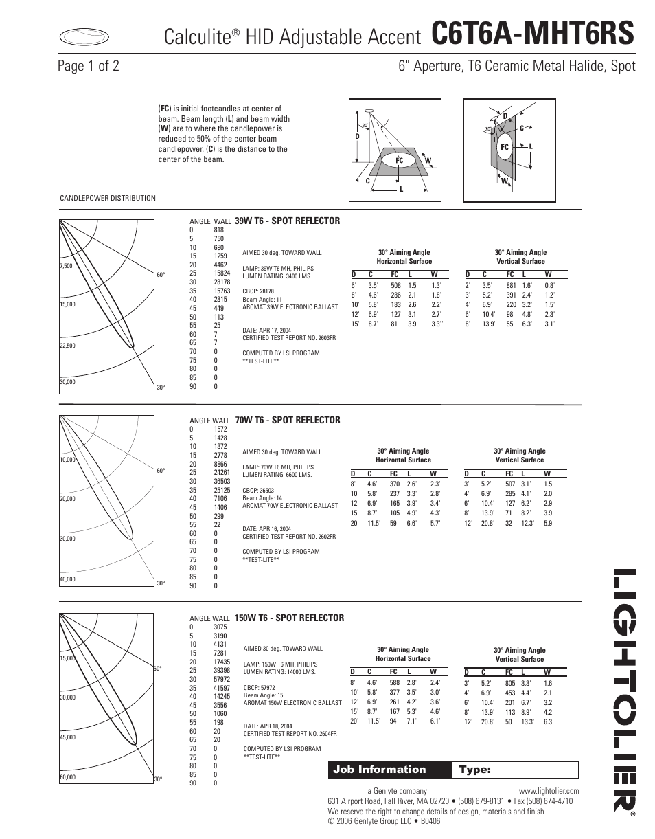 C6t6a-mht6rs, Calculite, Hid adjustable accent | Job information type, 39w t6 - spot reflector, 70w t6 - spot reflector, 150w t6 - spot reflector, Lightolier | Lightolier Calculite HID Adjustable Accent C6T6A-MHT6RS User Manual | Page 2 / 2