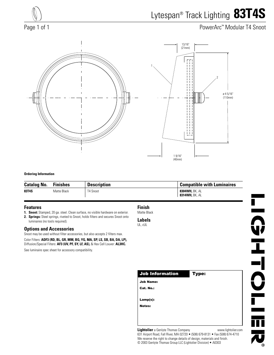 Lightolier Lytespan Track Lighting 83T4S User Manual | 1 page