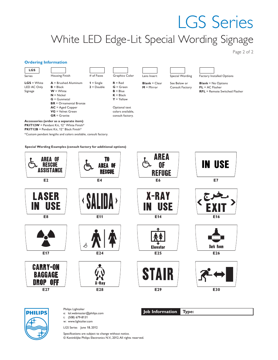 Lgs series, White led edge-lit special wording signage | Lightolier LGS Series User Manual | Page 2 / 2