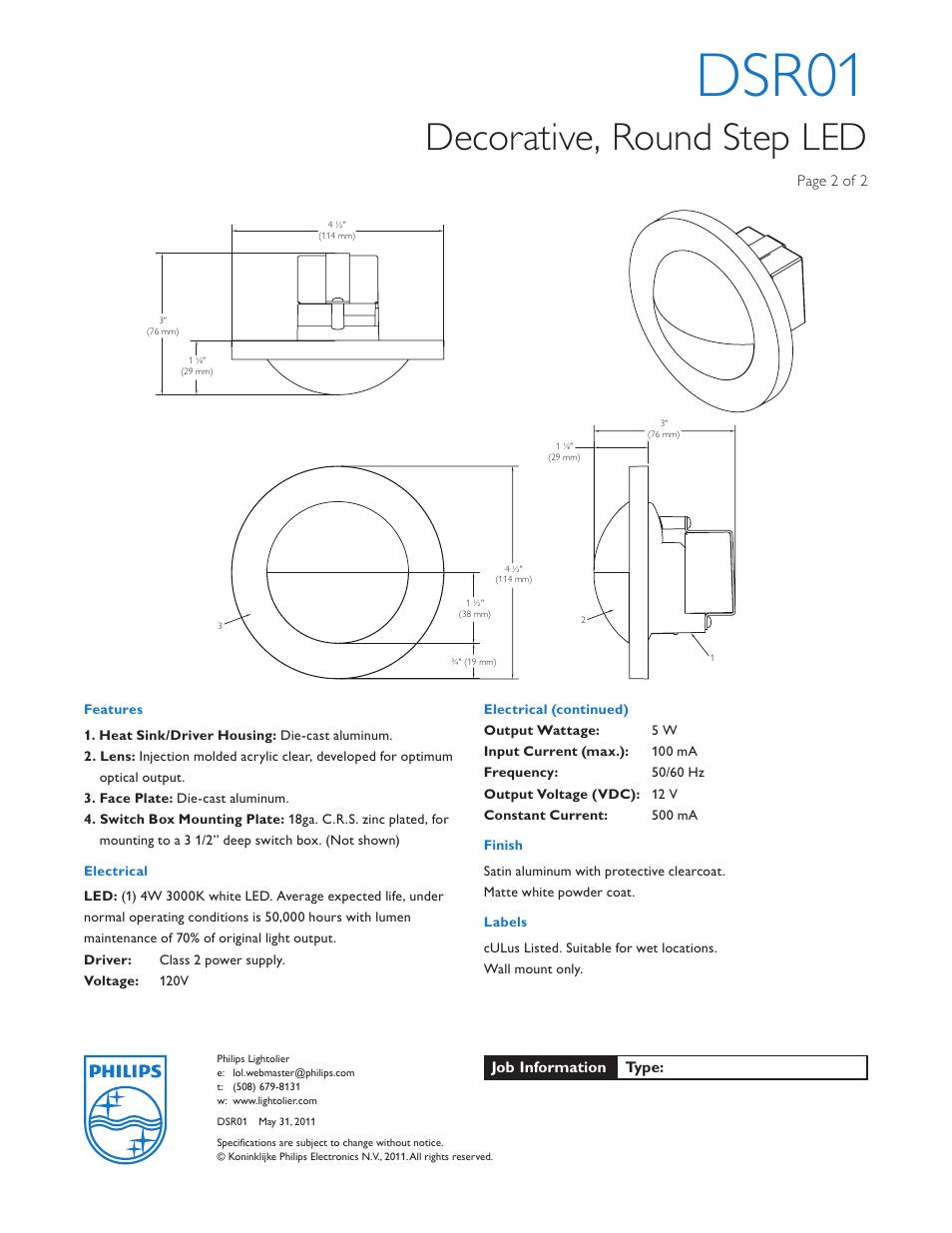 Dsr01, Decorative, round step led | Lightolier Architectural Decorative DSR01 User Manual | Page 2 / 2