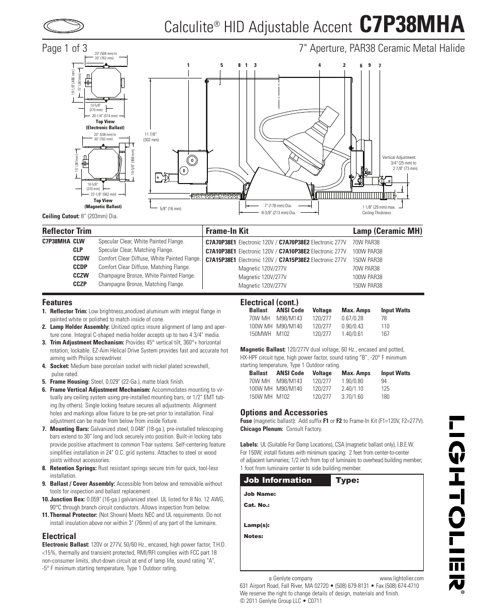 Lightolier Calculite HID Adjustable Accent C7P38MHA User Manual | 3 pages
