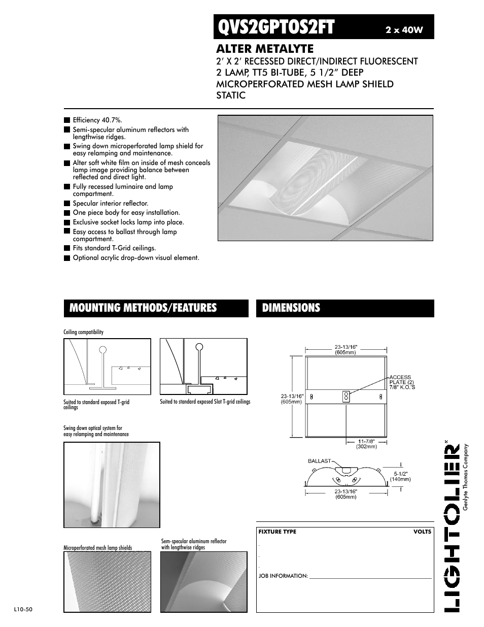 Lightolier Alter Metalyte QVS2GPTOS2FT User Manual | 2 pages