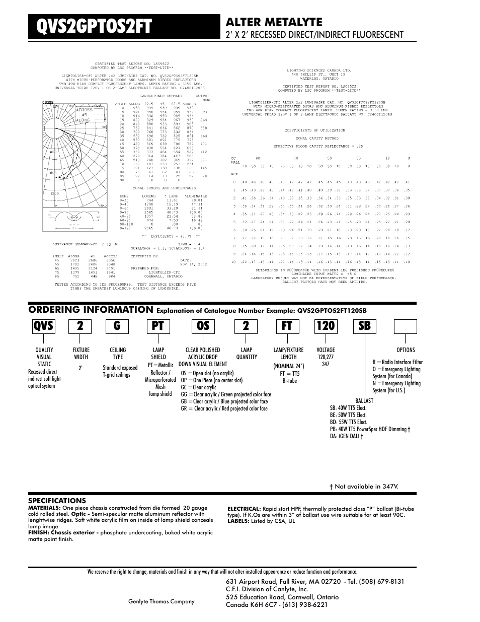 Qvs2gptos2ft, Os 2 ft, Alter metalyte | Ordering information, 2’ x 2’ recessed direct/indirect fluorescent | Lightolier Alter Metalyte QVS2GPTOS2FT User Manual | Page 2 / 2