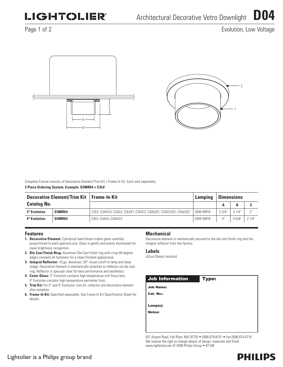 Lightolier Architectural Decorative Vetro Downlight D04 User Manual | 2 pages