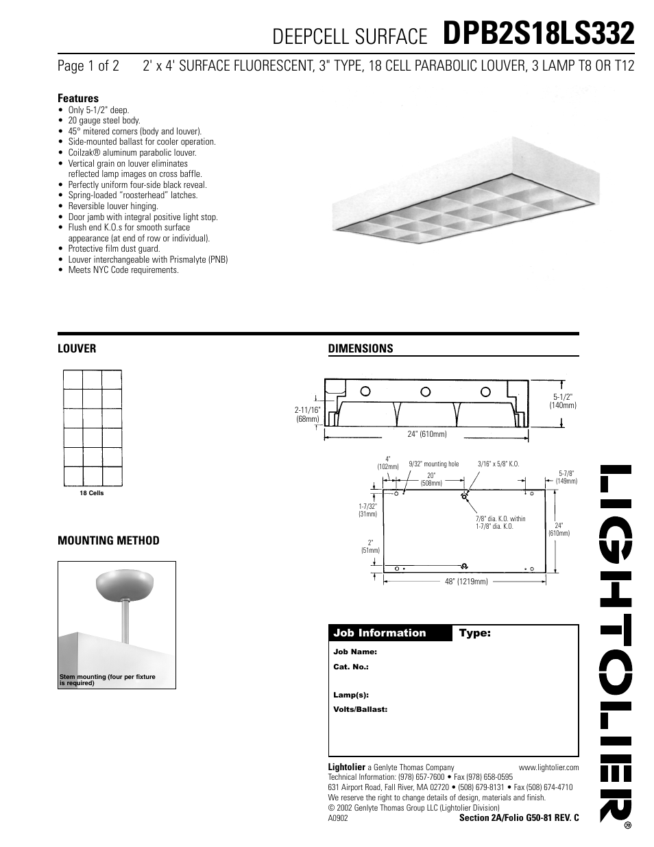 Lightolier Deepcell Surface DPB2S18LS332 User Manual | 2 pages