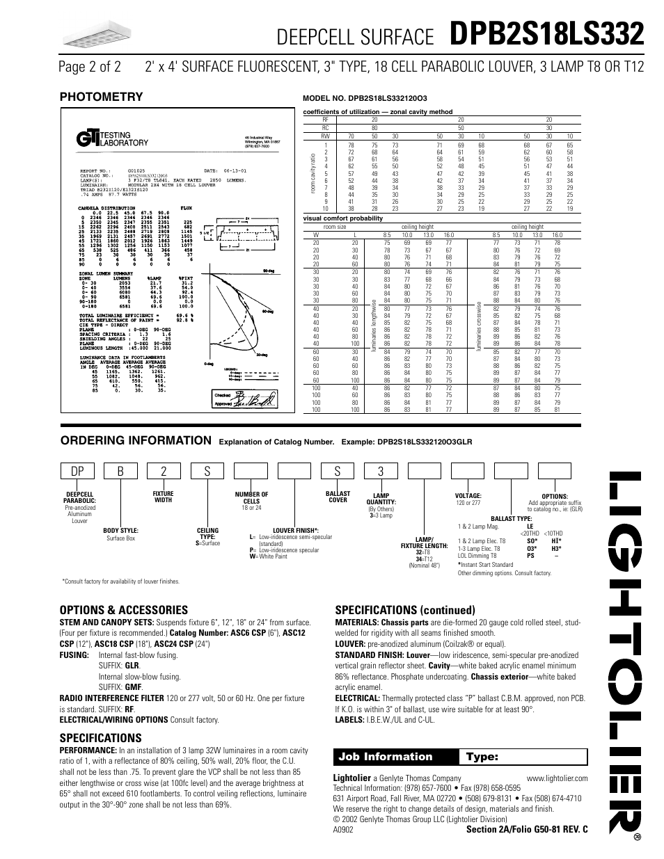 Deepcell surface, Options & accessories, Specifications | Specifications (continued), Photometry, Ordering information, Job information type, Lightolier | Lightolier Deepcell Surface DPB2S18LS332 User Manual | Page 2 / 2