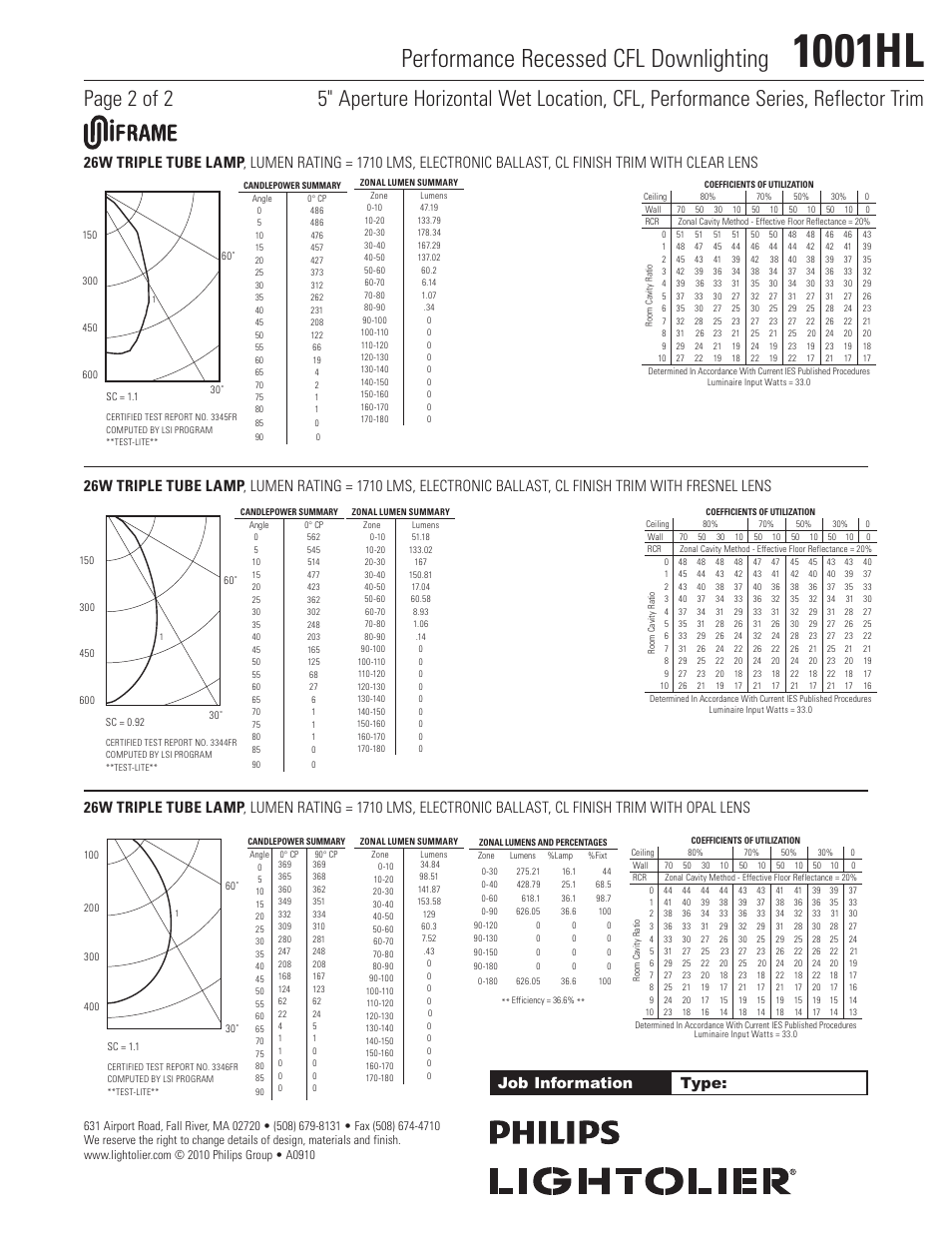 1001hl, Performance recessed cfl downlighting | Lightolier 1001HL User Manual | Page 2 / 2