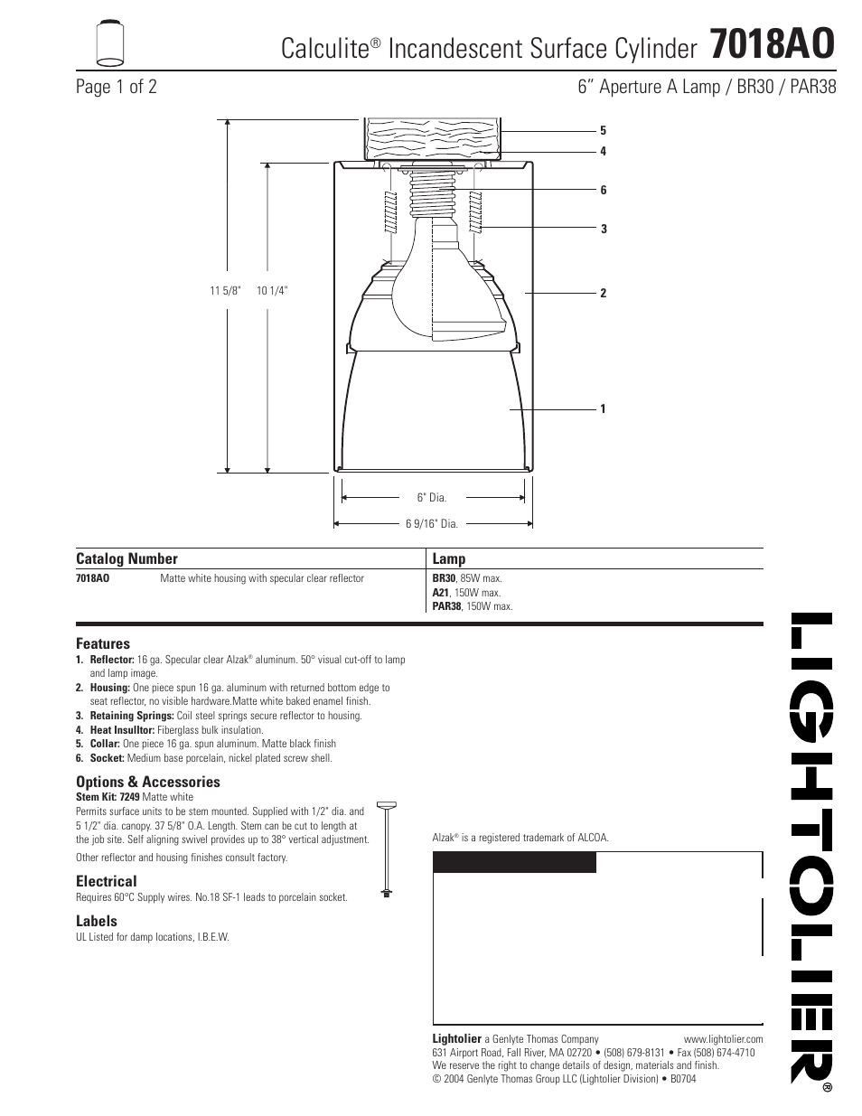 Lightolier 7018AO User Manual | 2 pages