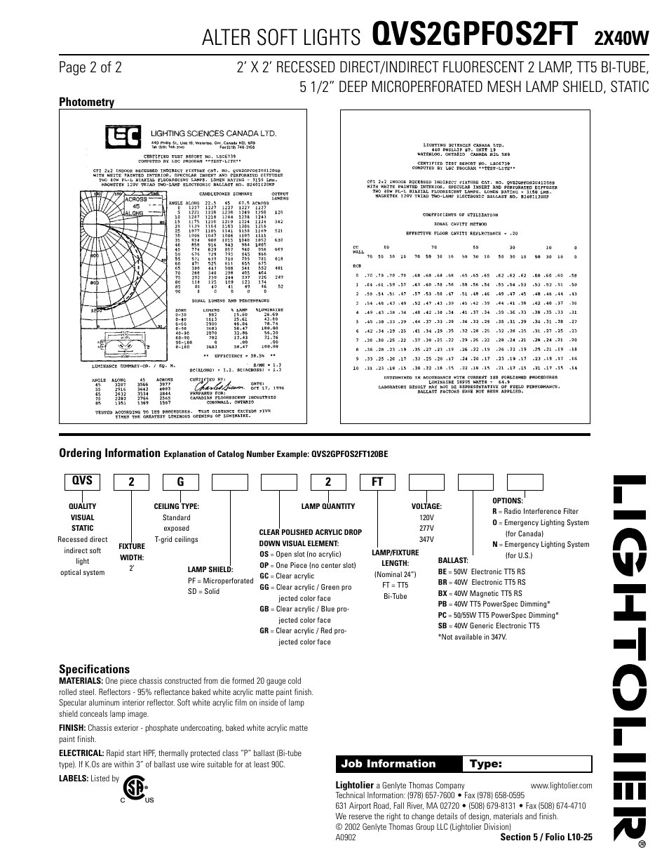 Qvs2gpfos2ft, Alter soft lights, 2x40w | Ordering information, Specifications, Qvs 2 g 2 ft, Photometry | Lightolier QVS2GPFOS2FT User Manual | Page 2 / 2