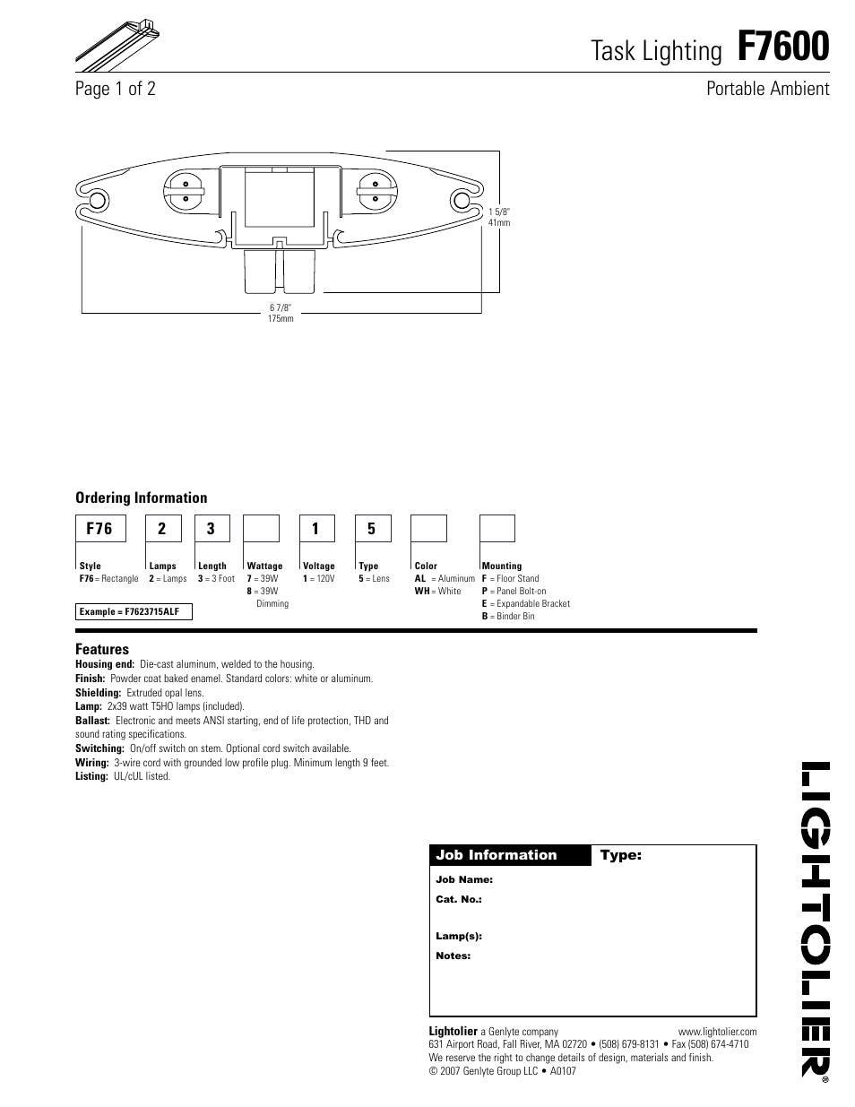 Lightolier Task Lighting F7600 User Manual | 2 pages