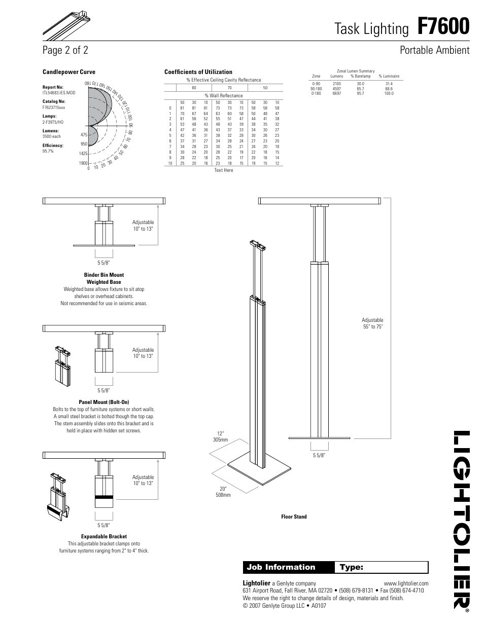 F7600, Task lighting, Page 2 of 2 portable ambient | Job information type, Lightolier | Lightolier Task Lighting F7600 User Manual | Page 2 / 2