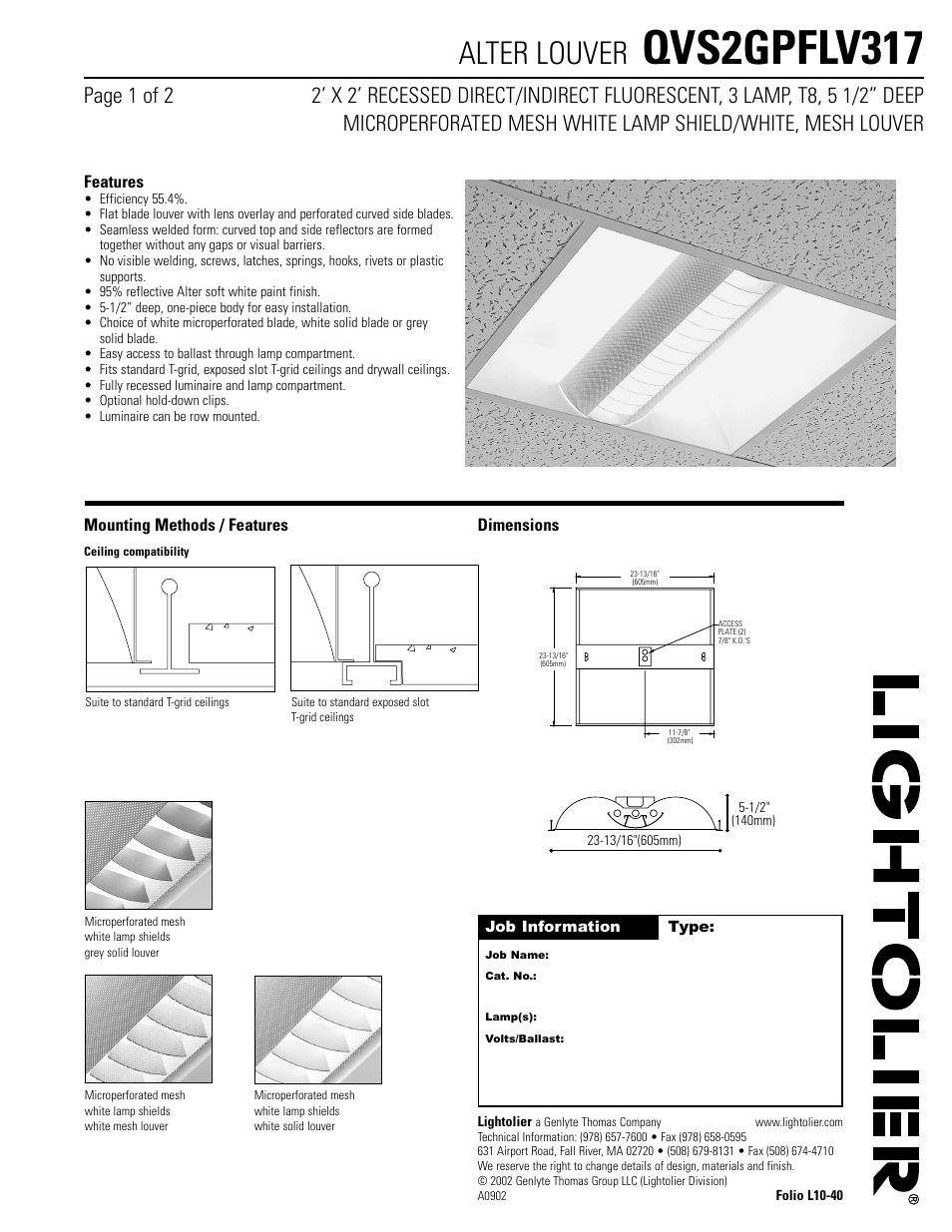 Lightolier Alter Louver QVS2GPFLV317 User Manual | 2 pages