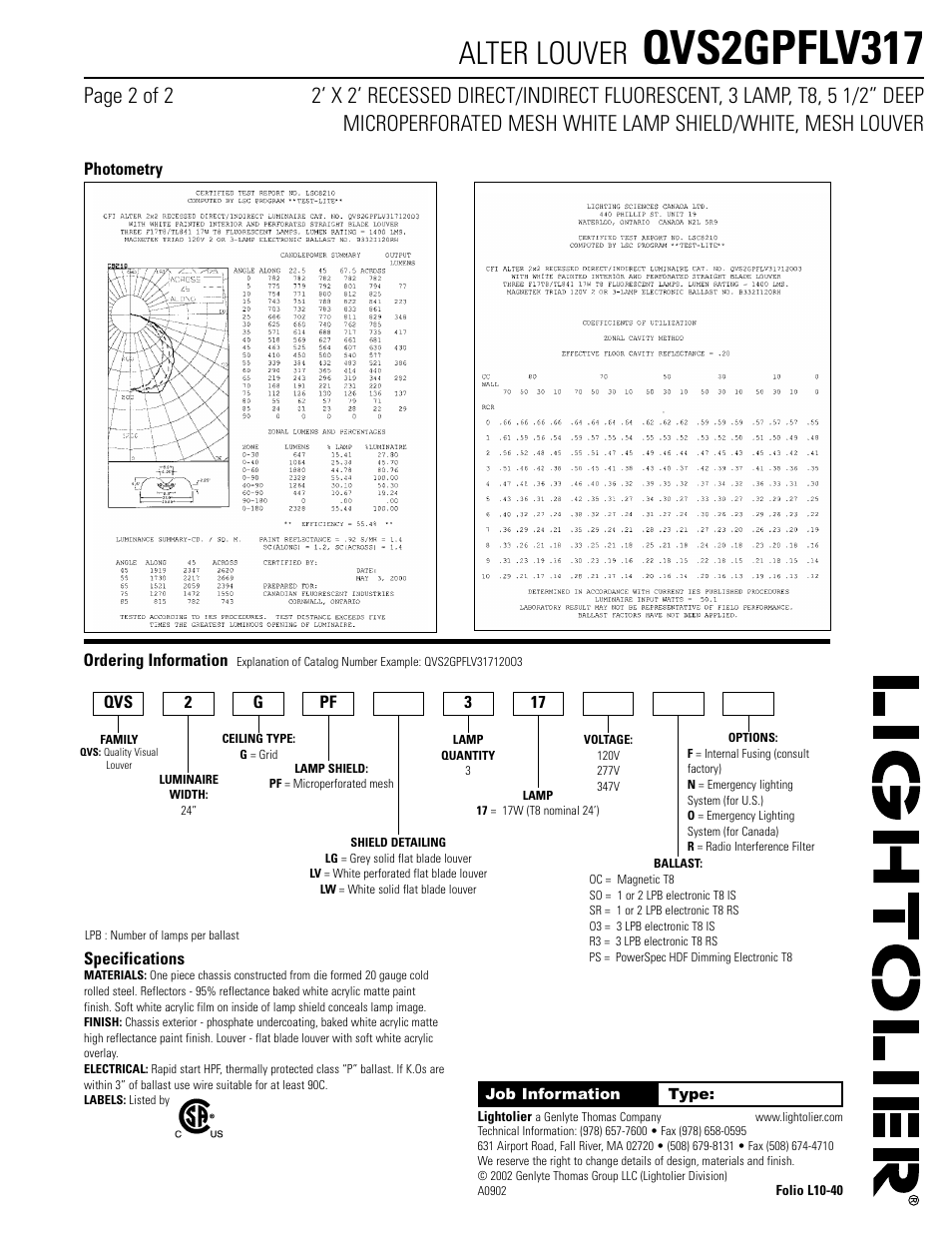 Qvs2gpflv317, Alter louver | Lightolier Alter Louver QVS2GPFLV317 User Manual | Page 2 / 2