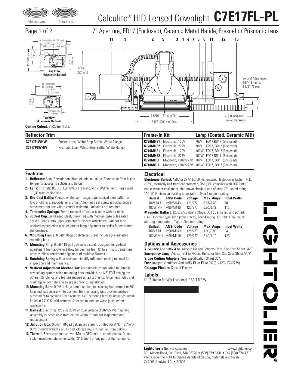 Lightolier Calculite HID Lensed Downlight C7E17FL-PL User Manual | 2 pages