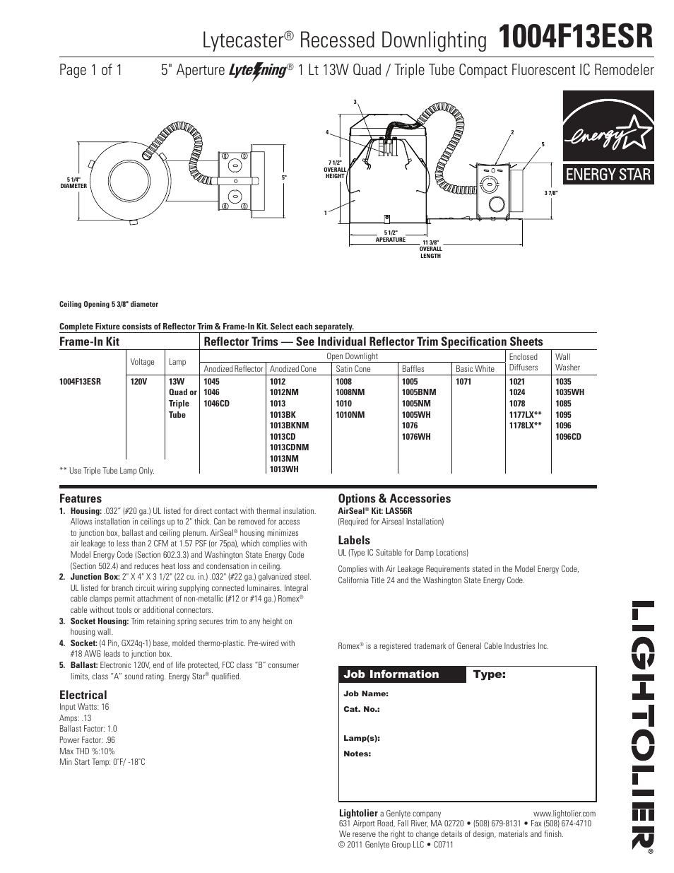 Lightolier 1004F13ESR User Manual | 1 page